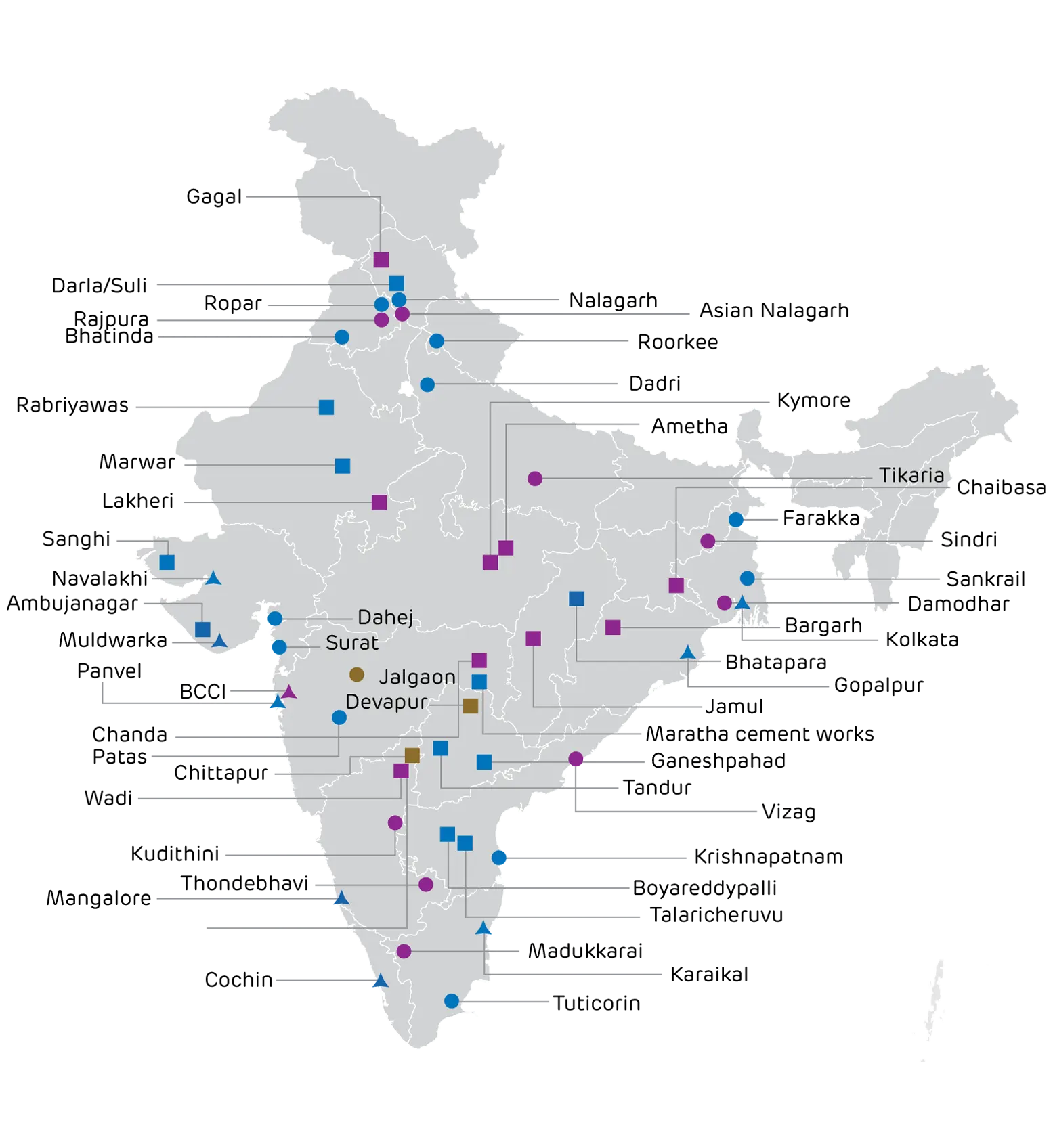 Map of India showing ACC, Ambuja and Orient cement plants, grinding units and bulk terminals